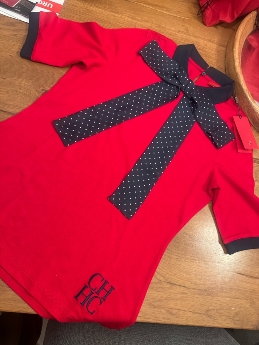 Carolina Herrera Red Polo Top with Navy Polka Dot Bow